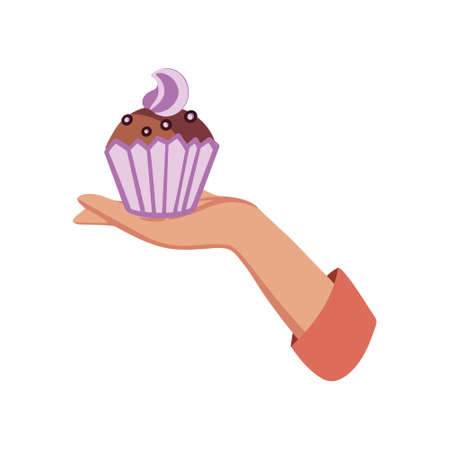 Female hand with tasty cupcake, Hand holding a cupcake with pink buttercream.のイラスト素材