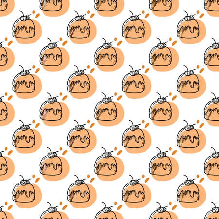 Doodle cupcakes pattern. Cupcakes with cream and cherries, chocolate chips. Festive desserts, pastries.のイラスト素材