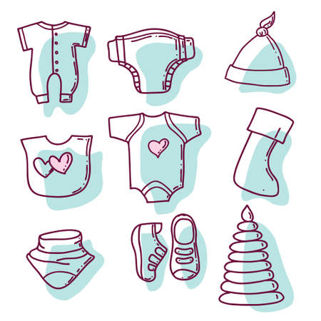 Big set of cute hand drawn clothes and toys for babies. Childrens clothes vector collection.のイラスト素材