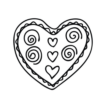 Cute Christmas gingerbread heart isolated on white background. Doodle style. Christmas Gingerbread. valentines day. Design element for greeting card, leaflet, poster or sticker. Holiday symbolのイラスト素材