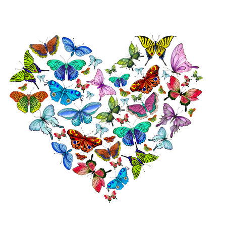 Heart made of bright watercolor multicolored butterflies. Yellow, pink, blue, green butterflies are folded in the form of a heart. Butterfly heart, valentine. Design element on a white background.の写真素材