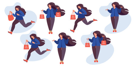 set young woman runs to a store or to a dealer that sells goods at a discount or lower prices. Vector flat style illustration isolated on white background. Season of sales in the store.のイラスト素材