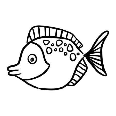 Gold fish. In cartoon style. Funny fish in the underwater world. Sketch of adult or child anti-stress coloring, line drawing, logo for tattoo with doodle.のイラスト素材