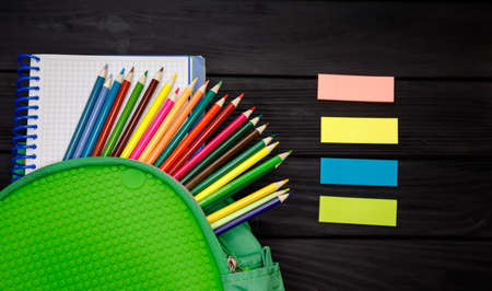 Everyday life of schoolchildren and students. Concept of education, classes, and active sports. Back to school concept. Close up, copy space, flat layの写真素材