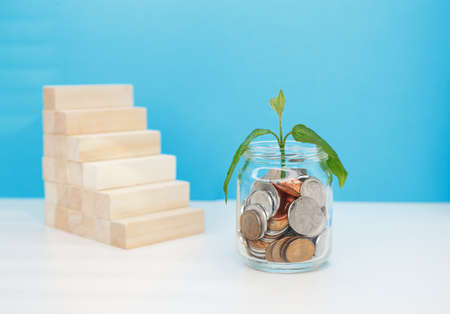 Green sprout in a glass jar with pennies as a symbol of growth, economic development, investment in business and entrepreneurship. Concept of financial supportの写真素材