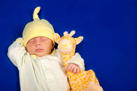Adorable newborn baby lying on a blue blanket with toy giraffe. Determine the sex of the baby. Boy...