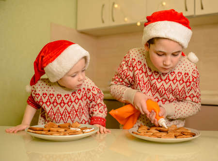 Cute kids making cookie for Santa in home kitchen. Cheerful boys bake handmade festive gingerbreads. Christmas cookies. Santa chefs. Homemade baking. Funny children prepare holiday food for family.の写真素材