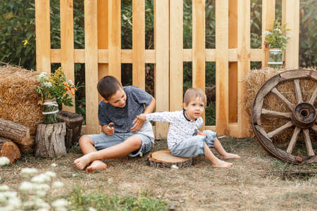 Two little preschool children hitting each other. Boys fighting. Kids cannot share toys. Older sibling brother not giving his toy to younger brother. Communication problems. Kids having quarrelの写真素材