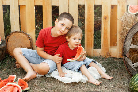 Kids eat fruit outdoors. Healthy snack. Happy family eating watermelon in the garden. Two little cute boys enjoying watermelon. Children having picnic in summer. Children play and eat watermelon.の写真素材