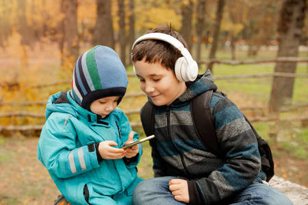 Pretty preteen boy with his younger brother looking on the screen of mobile, lifestyle, happy...