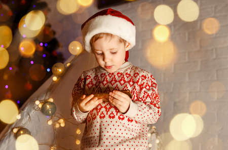 Funny child using cell phone to video phone call to greeting his happy family for Xmas festival. Boy having a Christmas video call with Santa Clause. Celebrating Xmas online, conference in mobile.の写真素材