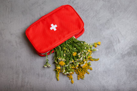 First aid kit with herbs and natural remedies. Fresh herbs in first aid kit. Herbal medicine....