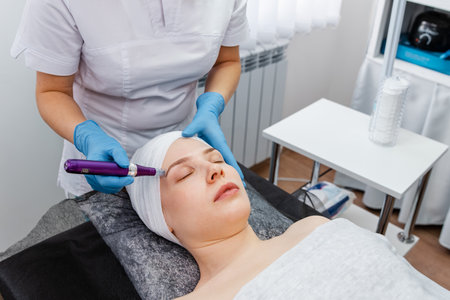 Beauty treatment at professional dermatology clinic. Dermatologist making mesotherapy injection with dermapen on face for rejuvenation on the spa center. Cosmetologist making mesotherapy injectionの写真素材