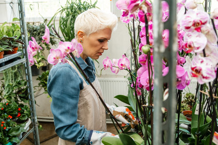 Female gardener examining flower seedlings. Senior worker takes flowers with her hands with care. Handsome female florist watching on flowers. Woman working and enjoying in beautiful flowers.の写真素材