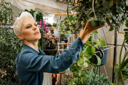 She examining small seedlings. Professional florist woman working in garden. Attractive woman working in greenhouse and enjoying in beautiful flowers. Caucasian gardener examining plants, seedlings.の写真素材