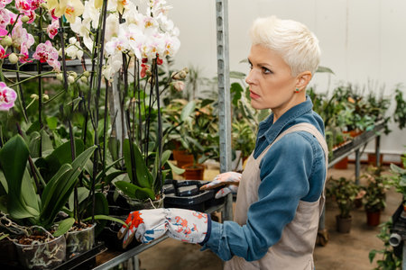 Female gardener examining flower seedlings. Senior worker takes flowers with her hands with care. Handsome female florist watching on flowers. Woman working and enjoying in beautiful flowers.の写真素材