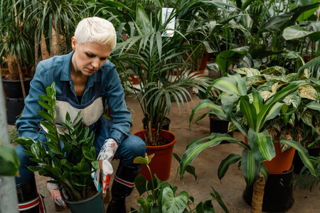 Caucasian happy female enjoy planting indoor space. Botanist busy replanting. Gardening and botany. Woman take care of and plant potted plants inside the house. Senior woman holding potted plant.の写真素材