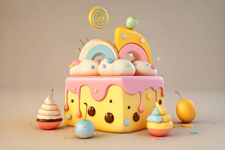 Rendering of birthday cake party popper popping confetti in pastel theme concept of birthday party background. AI illustration. Delicious cake made for the child's birthday party. cartoon birthday cakesの写真素材