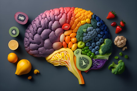Human brain made of fruits and vegetables created using Generative AI technology. Concept of...