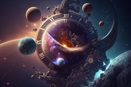 Interdimensional travel and parallel universes. Space scene with stars in the galaxy. Universe filled with stars, nebula and galaxy. World where all of time happens at once. Scarred and crimson planetの写真素材