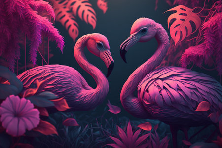 Pink flamingos, exotic birds, tropical palm leaves, trees, jungle leaves. Group of flamingos in pop art style pink and purple. Abstract summer texture. Digital art illustration, Generative AI.の写真素材