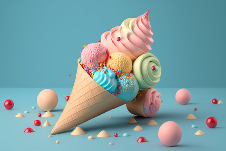Various of ice cream flavor in cones. Set of ice cream of different colors and flavours with berries, nuts and fruits decoration. Gourmet summer dessert of craft ice cream made with fresh berriesの写真素材