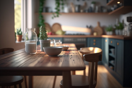 Wood table top island with blur kitchen room interior in morning. Rustic tiny house interior design with kitchen. Modern cozy domestic kitchen interior. Drink your morning drink. Cozy morning at homeの写真素材