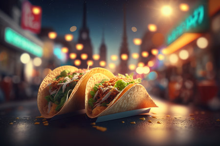 Authentic mexican tacos. Street Style Tacos. Delicious tasty mexican street food on a grill.Mexican tacos with beef, vegetables and spices. Mexican tacos shells with beef meat, onion and sweet pepperの写真素材