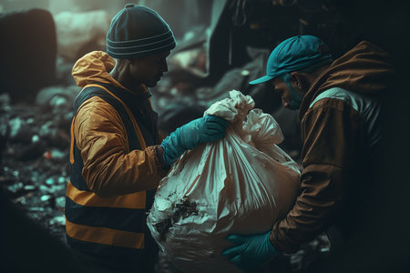 Volunteer work and cleaning earth from pollution. Environmental conservation. Volunteer or traveller collecting plastic bottle waste. Man picking garbage and putting into a bag.の写真素材