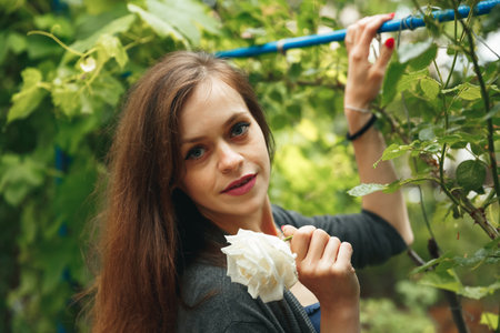 Attractive brunette girl with beautiful flower. Fashion model girl face portrait with rose. Adorable...