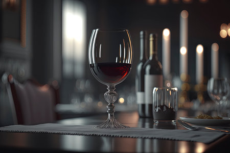 A glass of red wine on the table. Restaurant background with a wine bottle. Closeup view of glass of beverage. Glass of wine restaurant interior serving dinner. Wine list design background.の写真素材