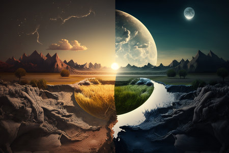 Day and night collage landscape. Fence near the meadow path on the hillside. Forest in mountains with sun and full moon. Equinox half day half night. Day and night background with landscapeの写真素材