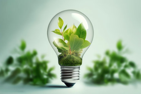 Light bulb glowing in soil. Idea or energy and environment concept. Green eco friendly lightbulb, green energy concept. Illustration of a green energy with light bulb and green. Renewable Energy.の写真素材