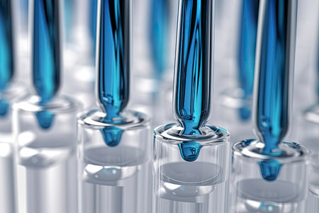 Test tube row. Concept of medical or science laboratory, liquid drop droplet with dropper in blue red tone background, close up, macro photography picture. Analyzing samples. Lab experiment.の素材