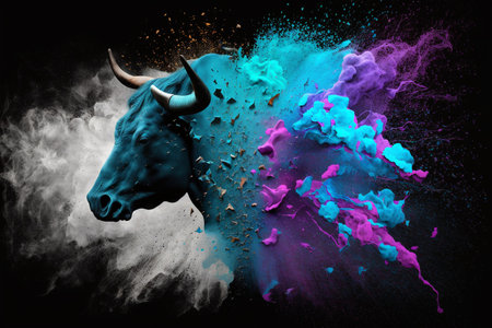 Ð¡olorful powder paint explosion. Generative AI. Big explosion effect. Abstract concept. Colored powder scatters on a black isolated background. Sand.の写真素材