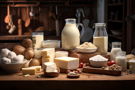 Cheese, butter, yogurt or sour cream, cottage cheese. Farm dairy products concept. Selection of dairy products on rustic wood background. Variety of dairy products on dark background.の素材