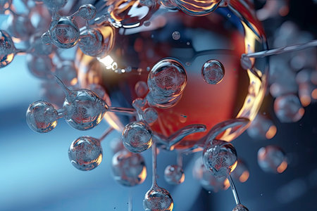 Abstract science background with bubbles on water. Blue molecule atoms structures on blue liquid serum background. Science molecular water drop DNA model structure atoms bacgkround medical.の素材