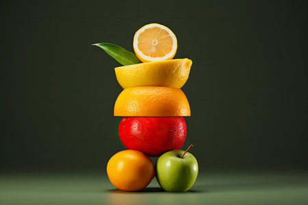 Isolated citrus slices. Pieces of grapefruit, orange, lemon and lime fruits on top of each other. A stack of fresh sliced fruit stacked on top of each other overの素材