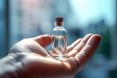 Shot of an unrecognizable doctor using a syringe to extract medication from a vial. Close-up on a nurse holding a vaccine ampule. Glass bottle with vaccine in doctors handの素材