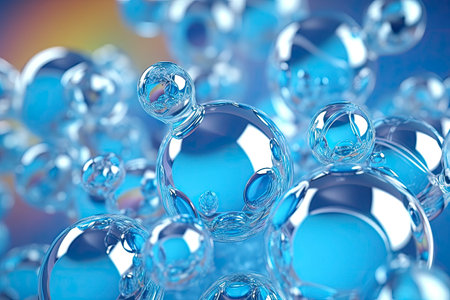 Abstract generic transparent molecules structure. Water droplets on a vibrant blue background, capturing the beauty of nature at a microscopic level. Atoms or molecules, small interconnected spheresの素材