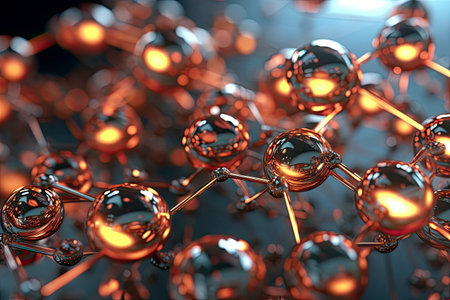 Molecule 3D illustration. Scientific breakthrough in the field of molecular synthesis. Nanotechnology in medical research of biochemical processes. Three dimensional blue background water moleculesの素材