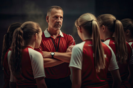 Focused volleyball coach strategizing with young team on court, showcasing teamwork and leadership. A moment of mentorship and youth sports educationの素材