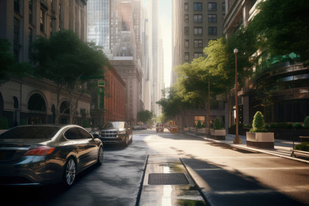 A serene city street bathed in the soft glow of morning light, lined with lush green trees, quietly awaits the days bustling energyの素材