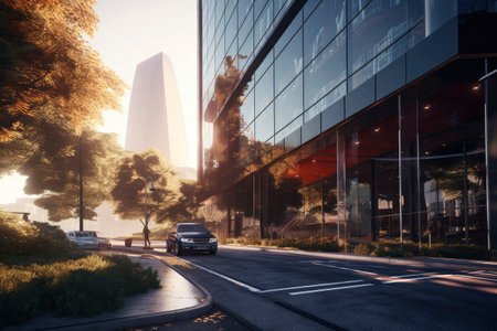 Glistening morning rays kiss the urban landscape, where the tranquility of a city at dawn is captured along a tree-adorned street, flanked by modern glass buildings reflecting the awakening skyの素材