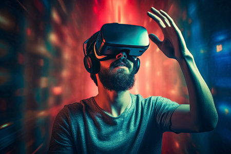 A cutting-edge VR headset transports him into another world, suggesting limitless possibilities in gaming, education, and virtual exploration. Ideal for forefront of tech innovation.の素材