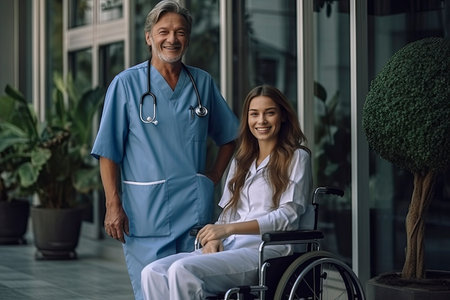 A compassionate senior doctor in blue scrubs stands beside a young, smiling woman in a wheelchair, symbolizing trust and care in healthcare. This image captures the essence of patient supportの素材