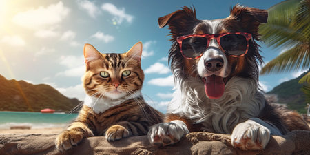 Bask in the joy of this purr-fect duo as a tabby cat and collie dog sport chic sunglasses on a sunlit beach, capturing the essence of a carefree tropical escape. Ideal for vacation, lifestyle themesの素材