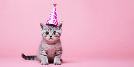 A joyful American Shorthair kitten dons a pink striped party hat, celebrating in style against a soft pastel backdrop. Perfect for birthday themes, pet parties, and cheerful designsの素材