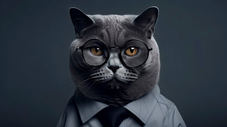 Grey cat donning sleek black round-rim glasses, styled in a professional suit and tie. This intriguing feline exudes a blend of intellect and charmの素材