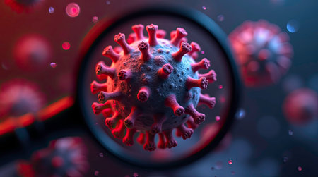 Close-up 3D visualization of a virus under magnifying glass with red spike proteins, representing infection, medical analysis, and scientific researchの素材